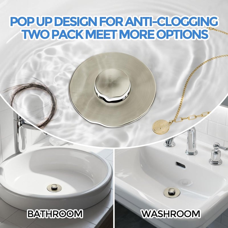 zaa Bathroom Sink Stopper - 2Pack Bathroom Sink Drain Strainer,Pop Up Bathroom Drain Stopper with Anti-Clogging Filter Basket,for 1.05~1.65 in U.S.Standard Basin Drain Holes,Brushed Nickel - Image 2